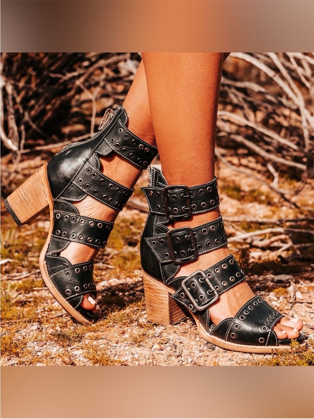 Freebird | Blake Gladiator Heeled Leather Sandals Ankle Bootie Black | 6